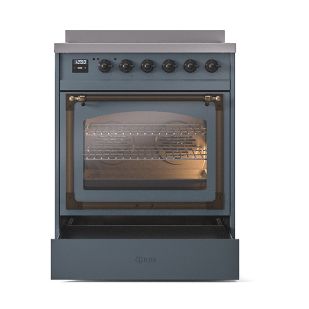 Blue-grey induction range with oven window and bronze handle bars, front view