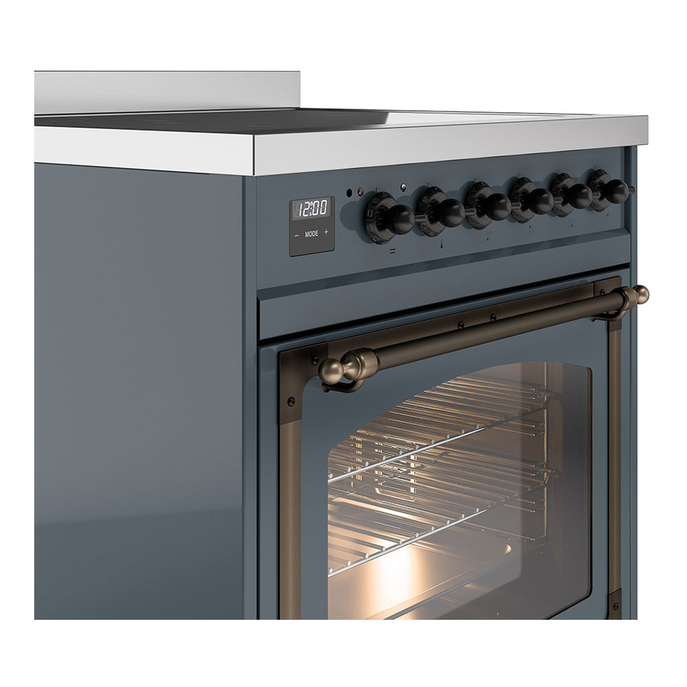 Blue-grey induction range with open oven door, bronze handle, control knobs on top