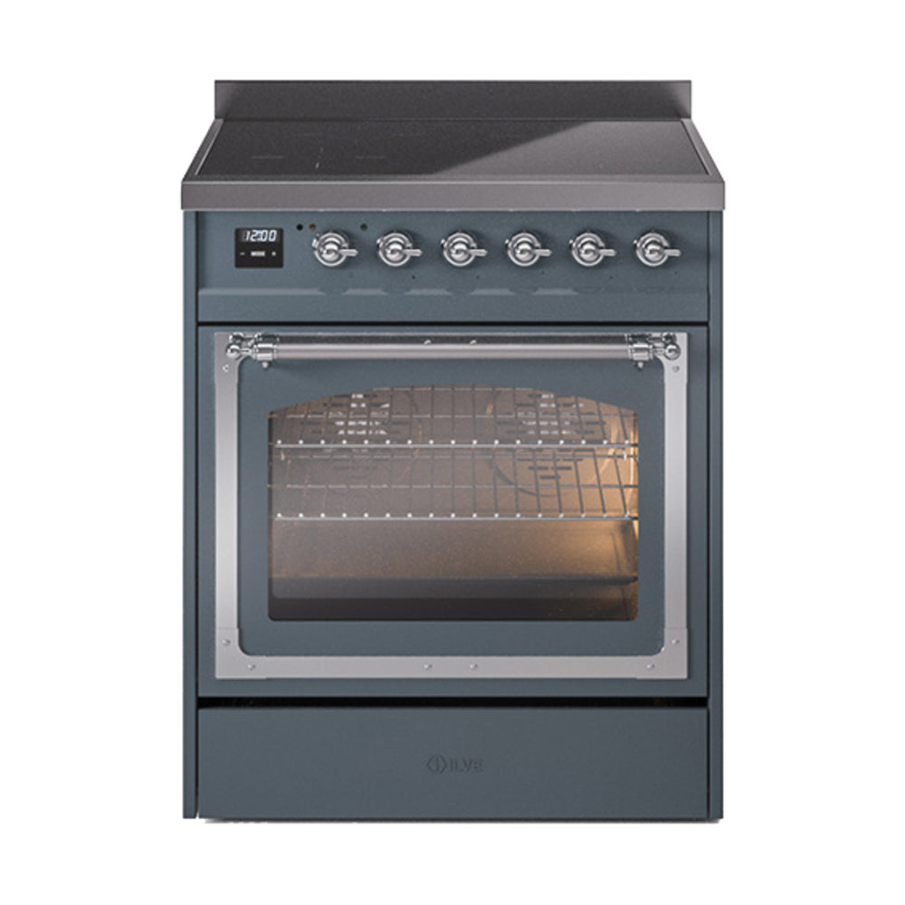 ILVE 30-inch induction range in blue grey with chrome-trimmed oven door
