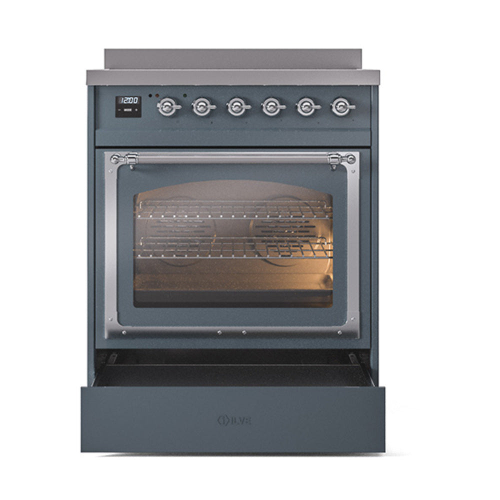 30-inch induction range by ILVE in blue grey, chrome trim, triple glass oven door