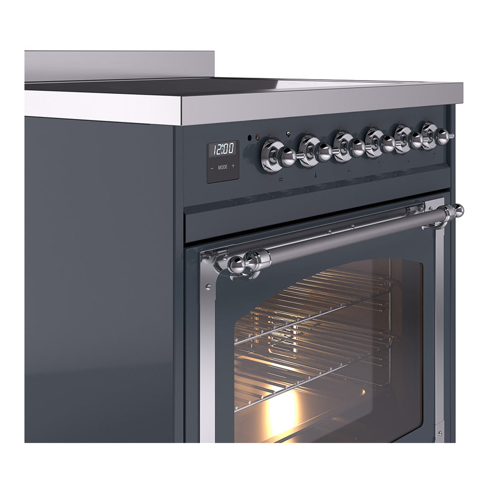 ILVE 30-inch induction range, blue grey body, chrome knobs, closed oven door