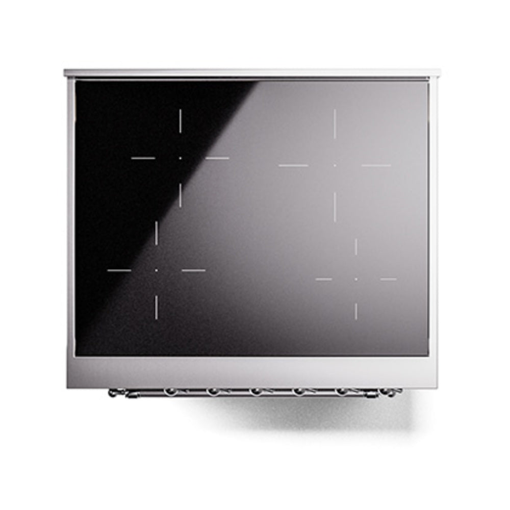 Induction cooktop glass panel with control markings and sleek metal frame