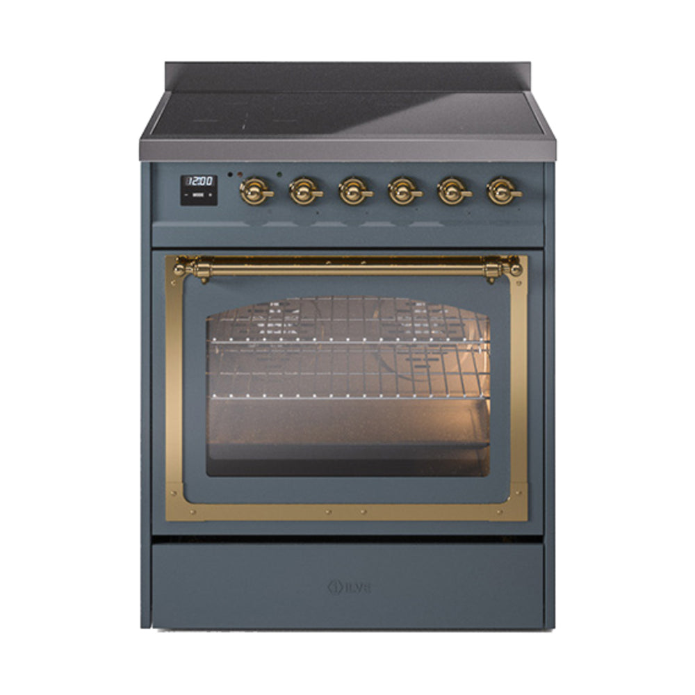 Blue grey ILVE induction range with brass trim, triple glass oven door and knobs