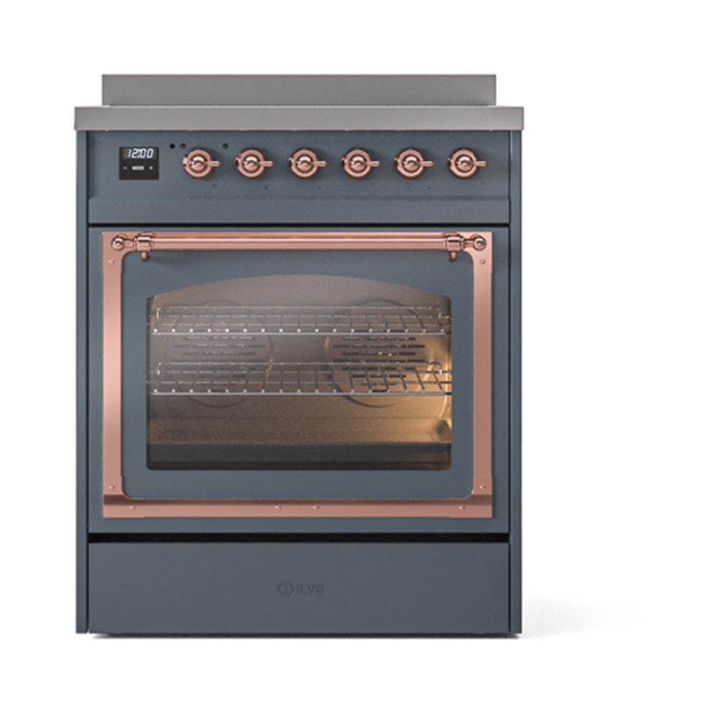 Blue grey induction range with brass handle and lit triple-glass oven window