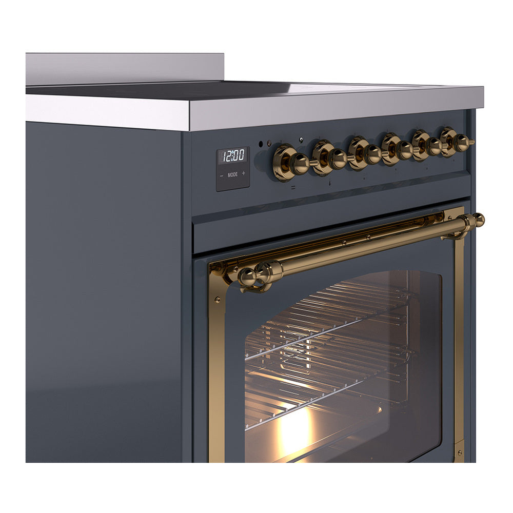 Blue grey induction range side view with brass oven handle and control knobs