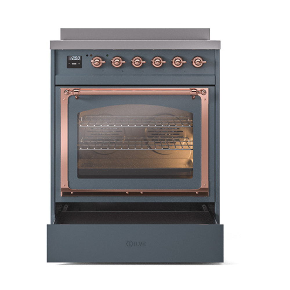 Blue-grey induction range with copper-trim triple-glass oven door and handle