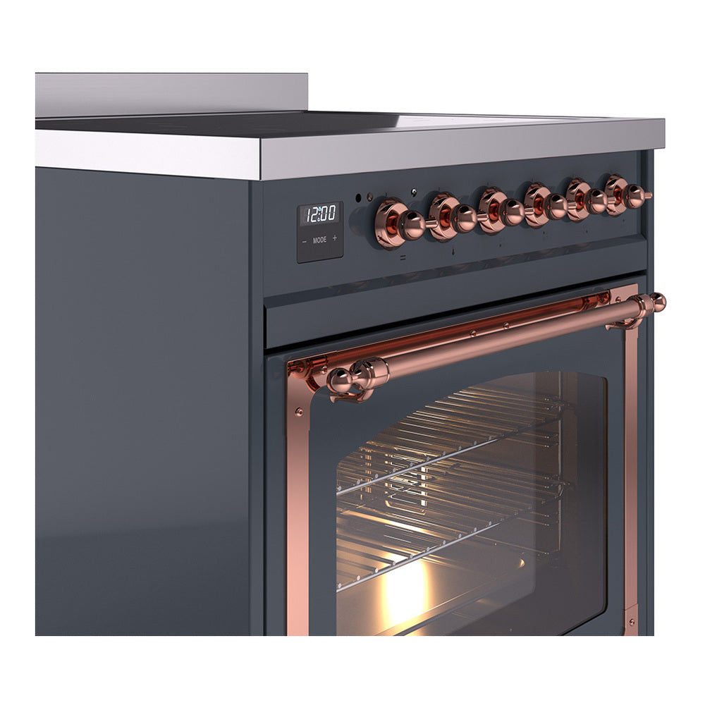 Blue-grey induction range side view with copper control knobs and oven handle
