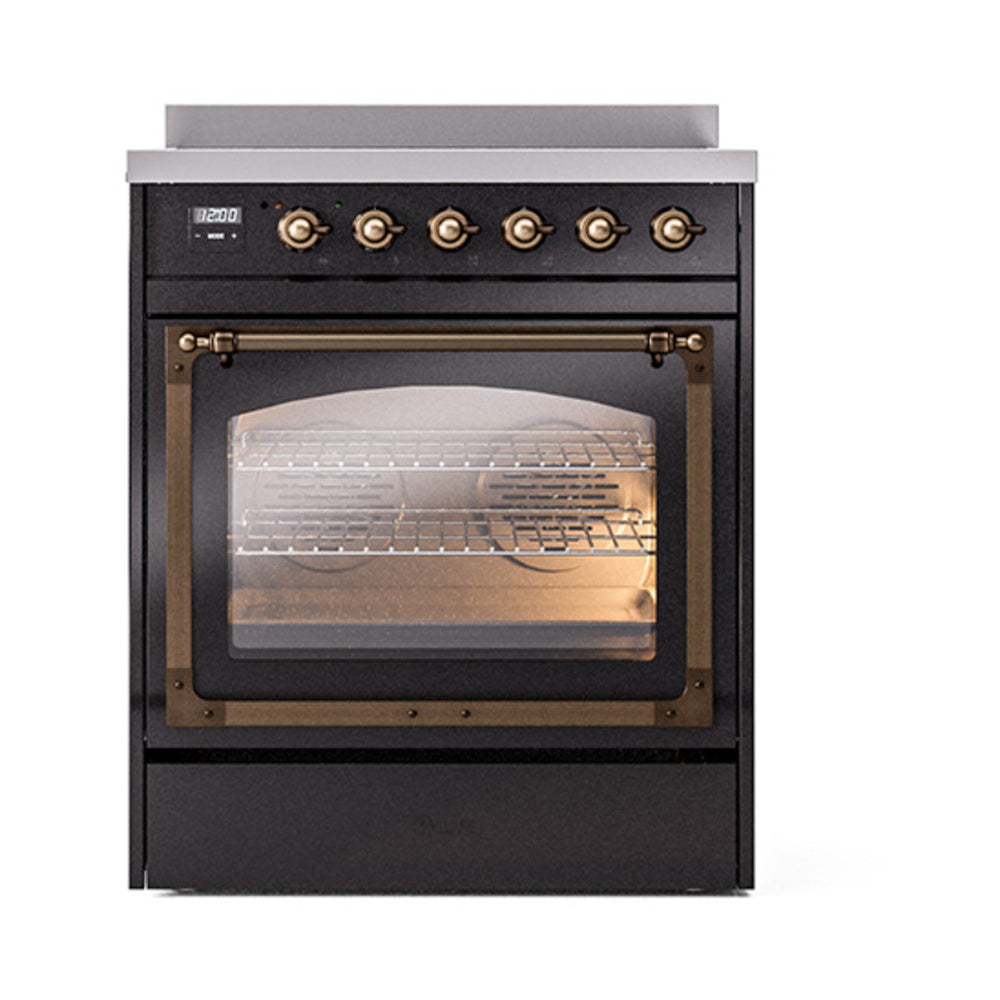 Glossy black induction range with bronze control knobs and lit oven viewing window