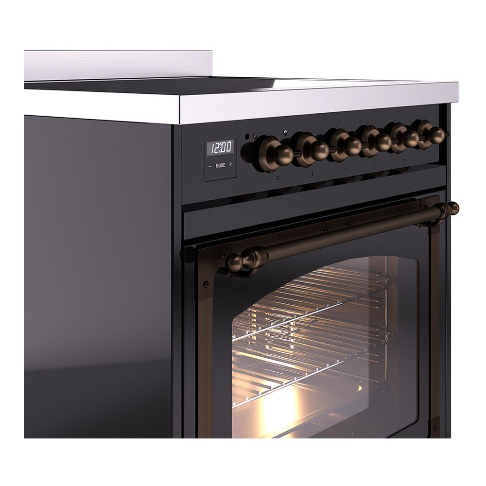 Glossy black induction range side view with bronze control knobs and oven door edge