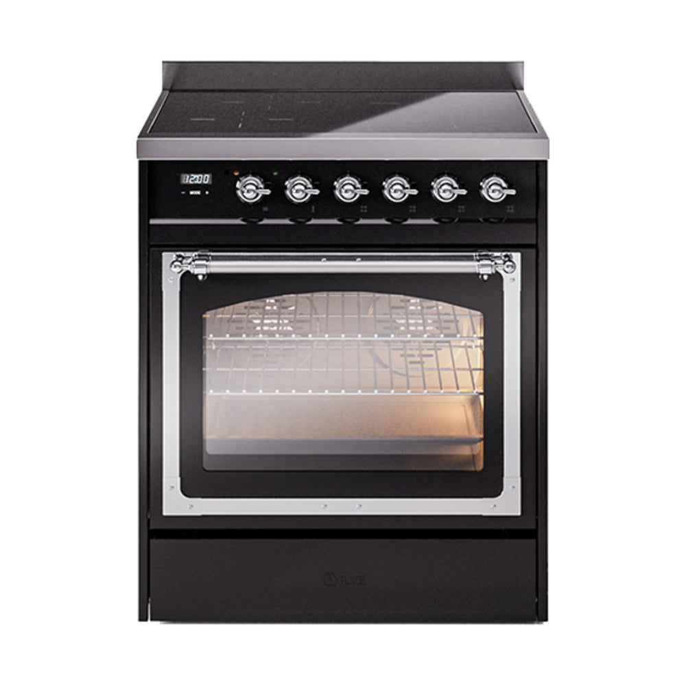 Glossy black induction range with chrome control knobs and triple glass oven door