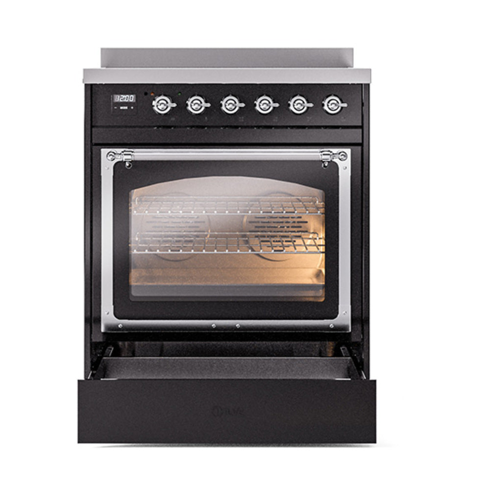 Black induction range with closed oven door and chrome-trimmed triple glass window