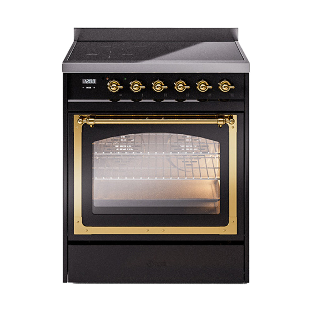 Black induction range with brass-trim control knobs and lit oven window