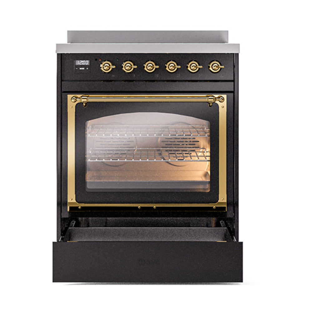 Black induction range with open lower door and brass-framed oven window