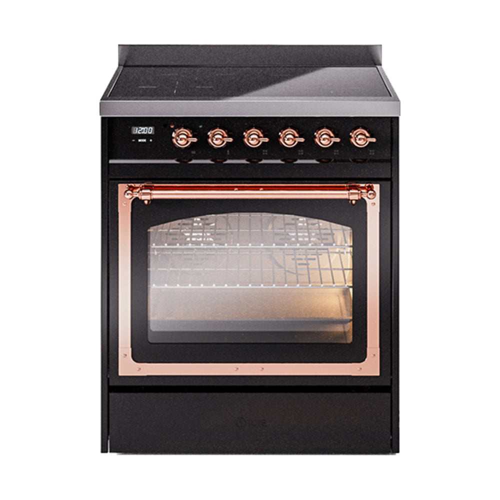 Front view of glossy black induction range with copper control knobs and oven window
