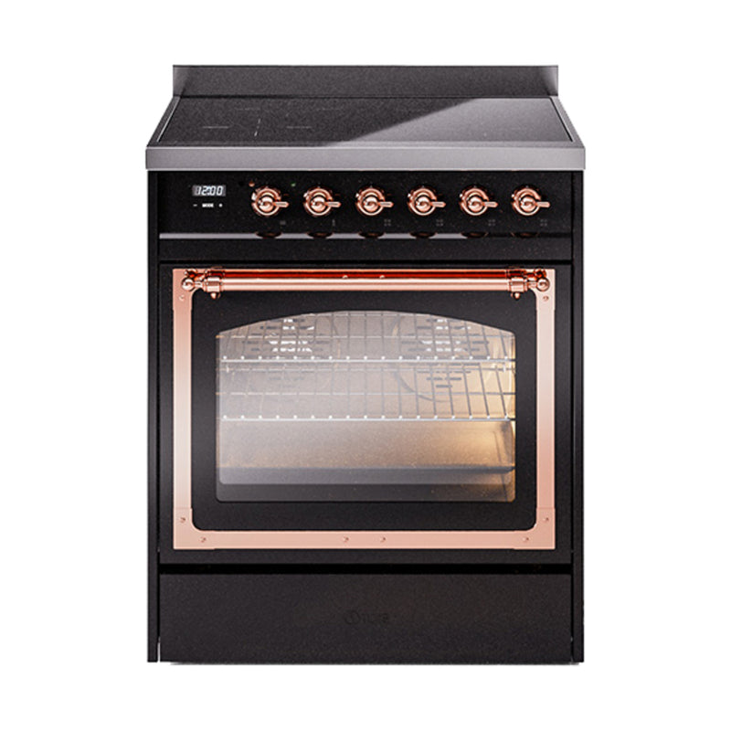 ILVE Nostalgie II Noblesse 30-Inch Induction Range with Triple Glass Door in Glossy Black with Copper Trim (UNI304NMPBKP)