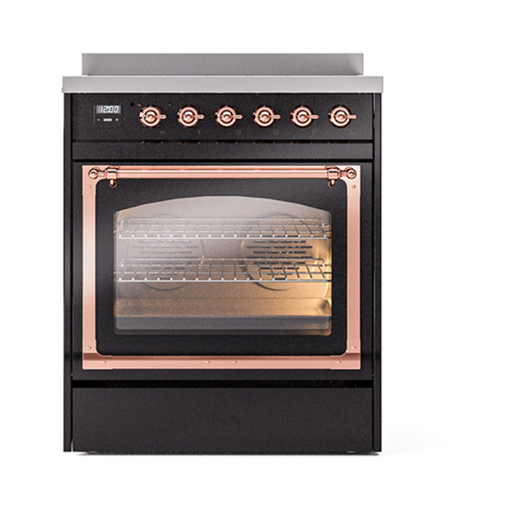 Glossy black induction range with copper-trimmed open oven door and controls