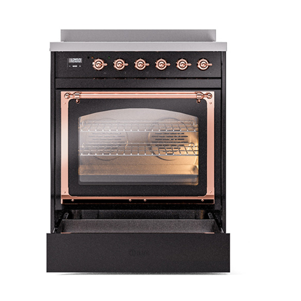 Glossy black induction range with open oven door revealing racks through glass window