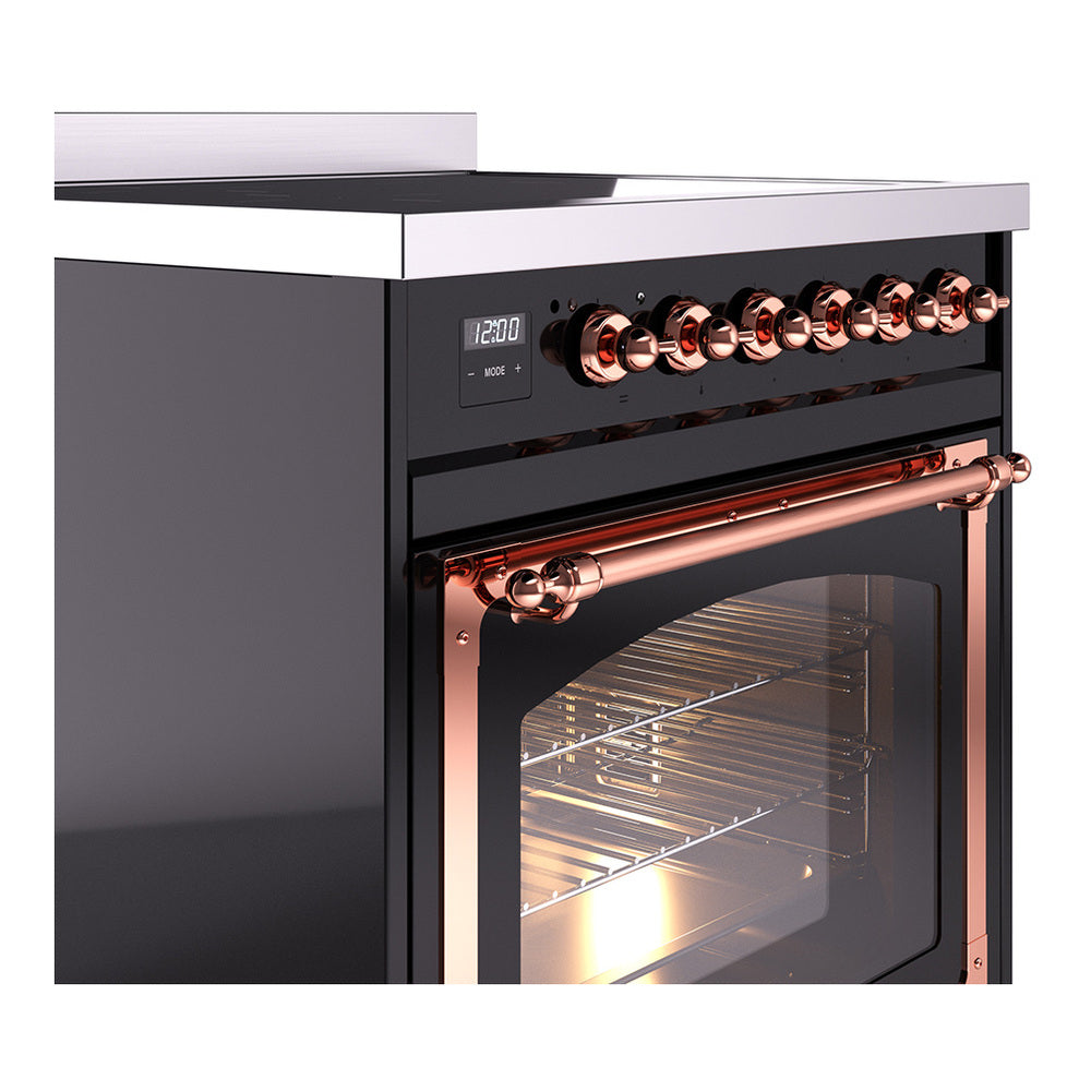 Glossy black induction range with copper-trimmed oven handle and burner knobs