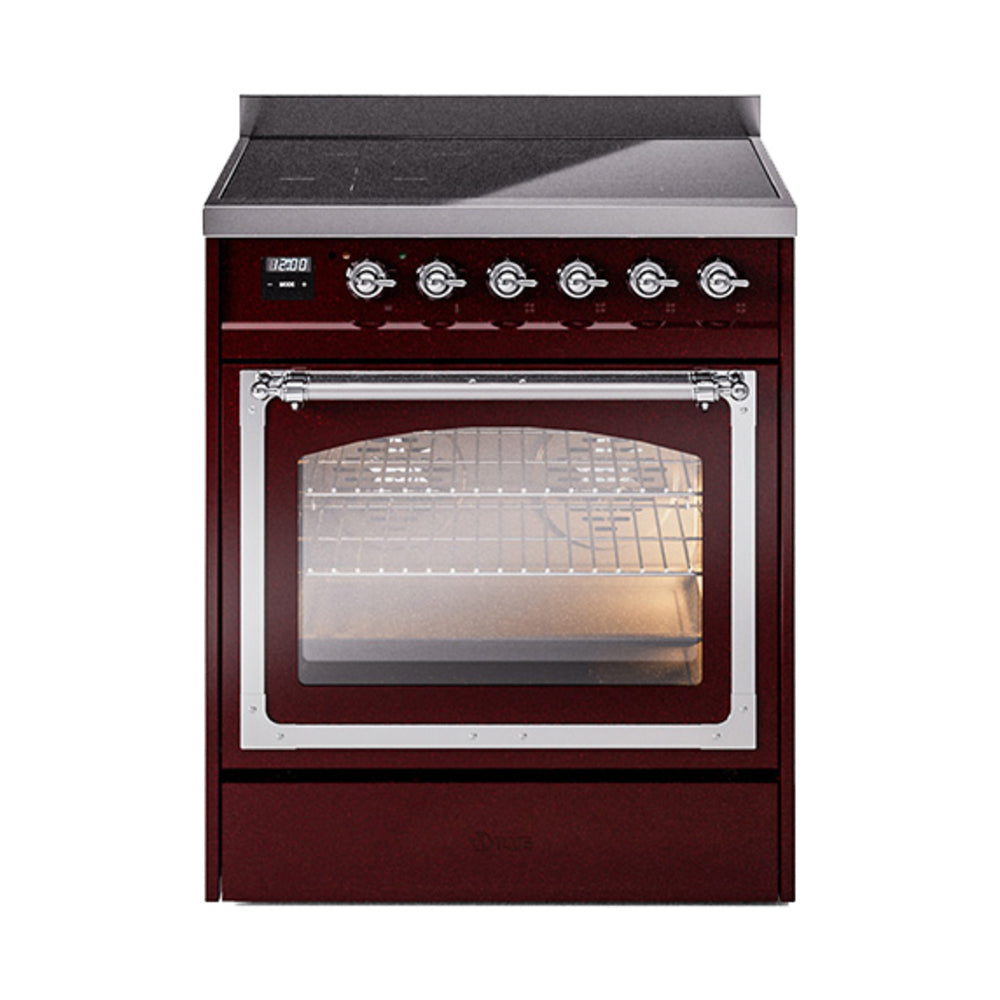 Burgundy induction range front view with oven window and control panel