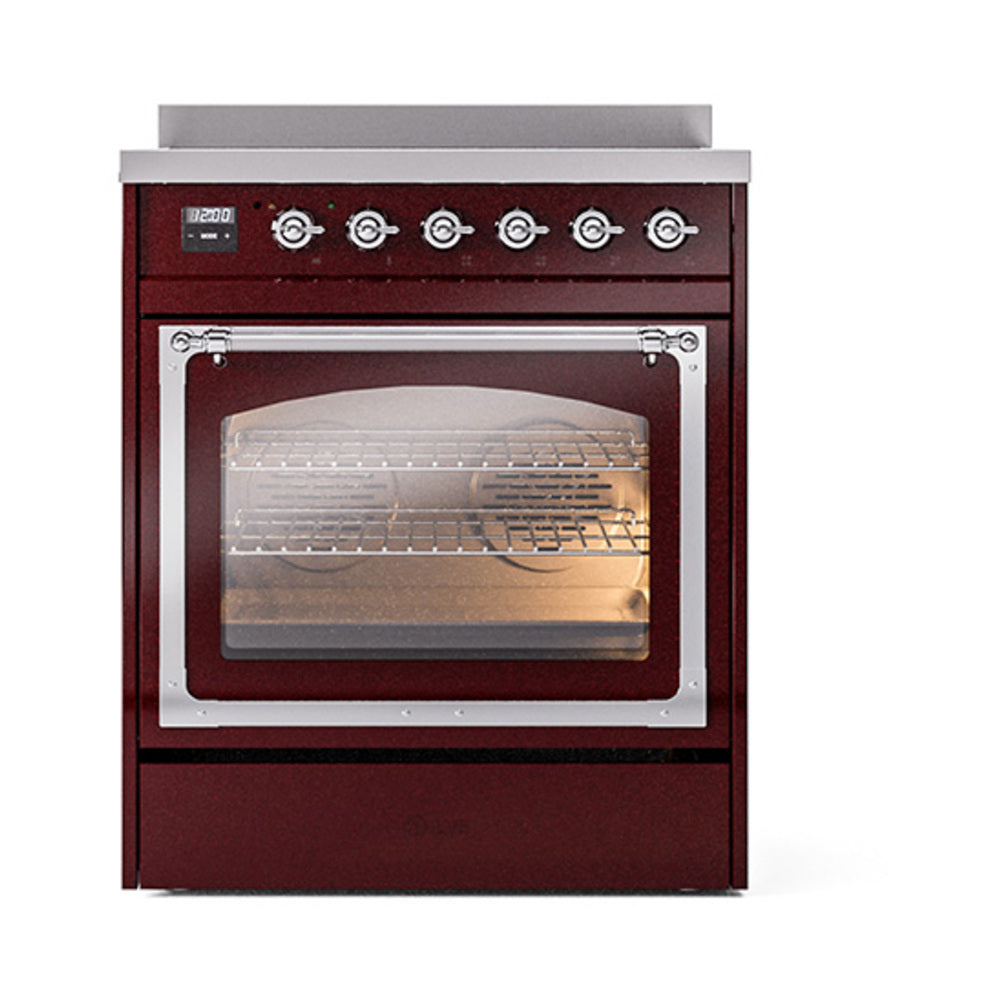 Burgundy induction range with triple glass oven door and chrome control trim