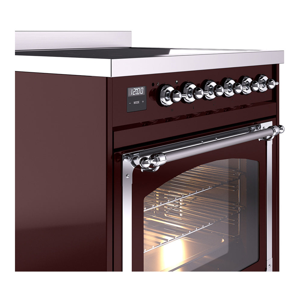 Burgundy induction range side view with chrome control knobs and oven handle