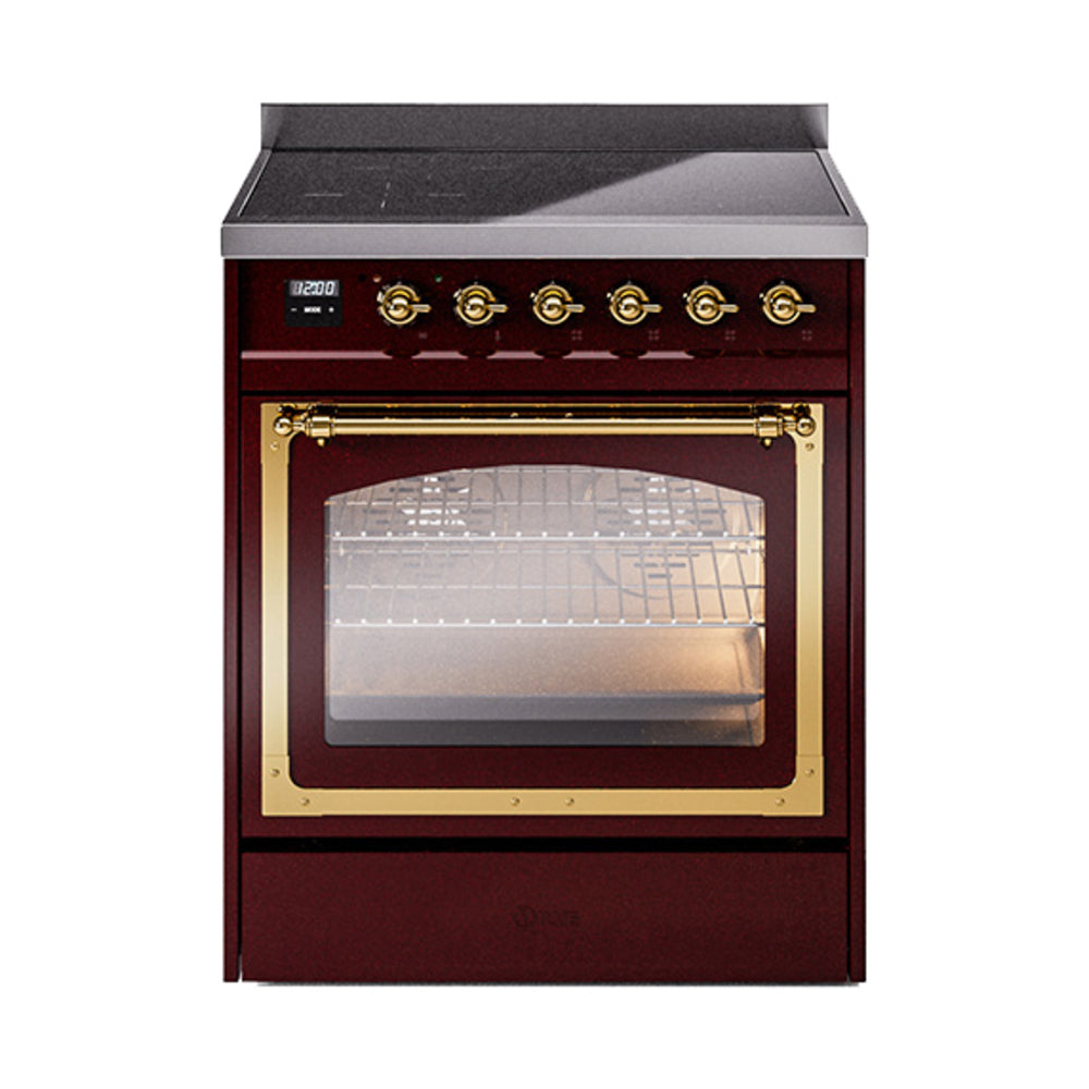 Burgundy induction range with brass oven handle and control knobs over triple glass door