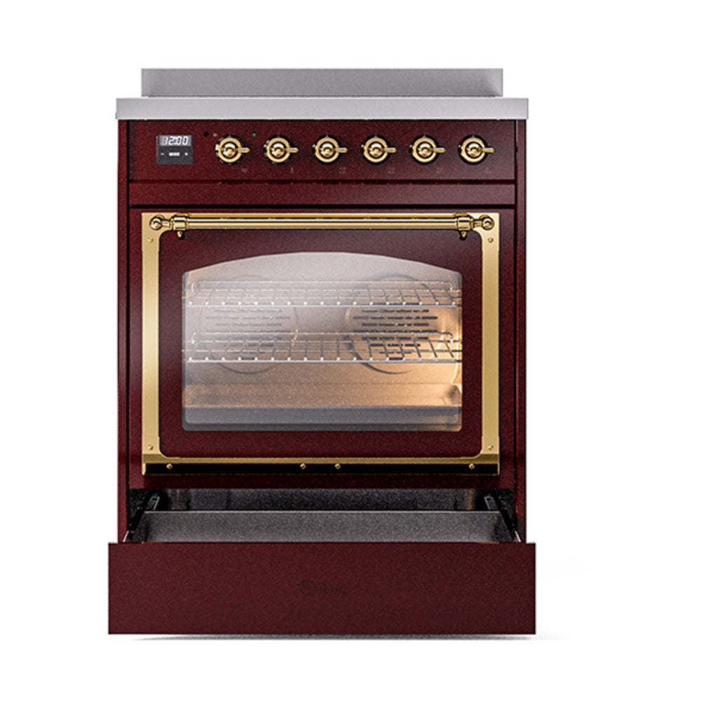 Burgundy induction range with triple glass oven door and brass-trimmed control panel