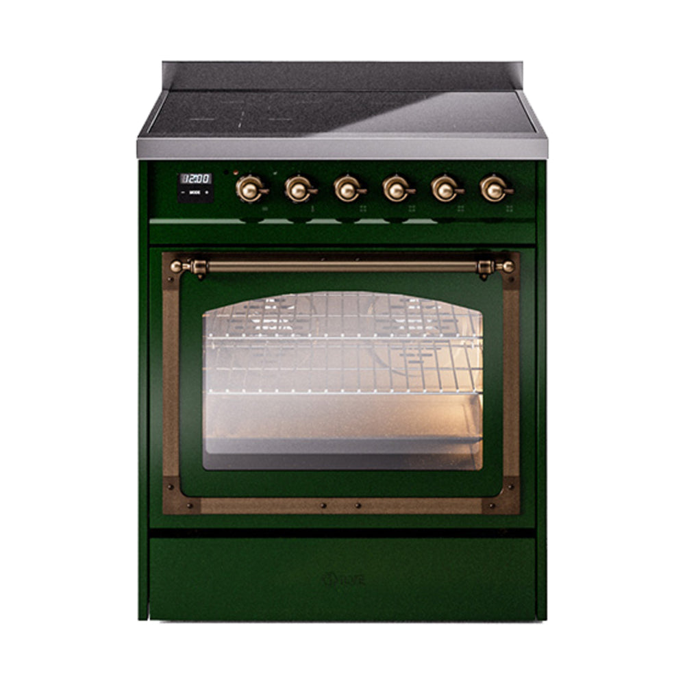 Emerald green induction range with bronze-trim oven door and triple glass window