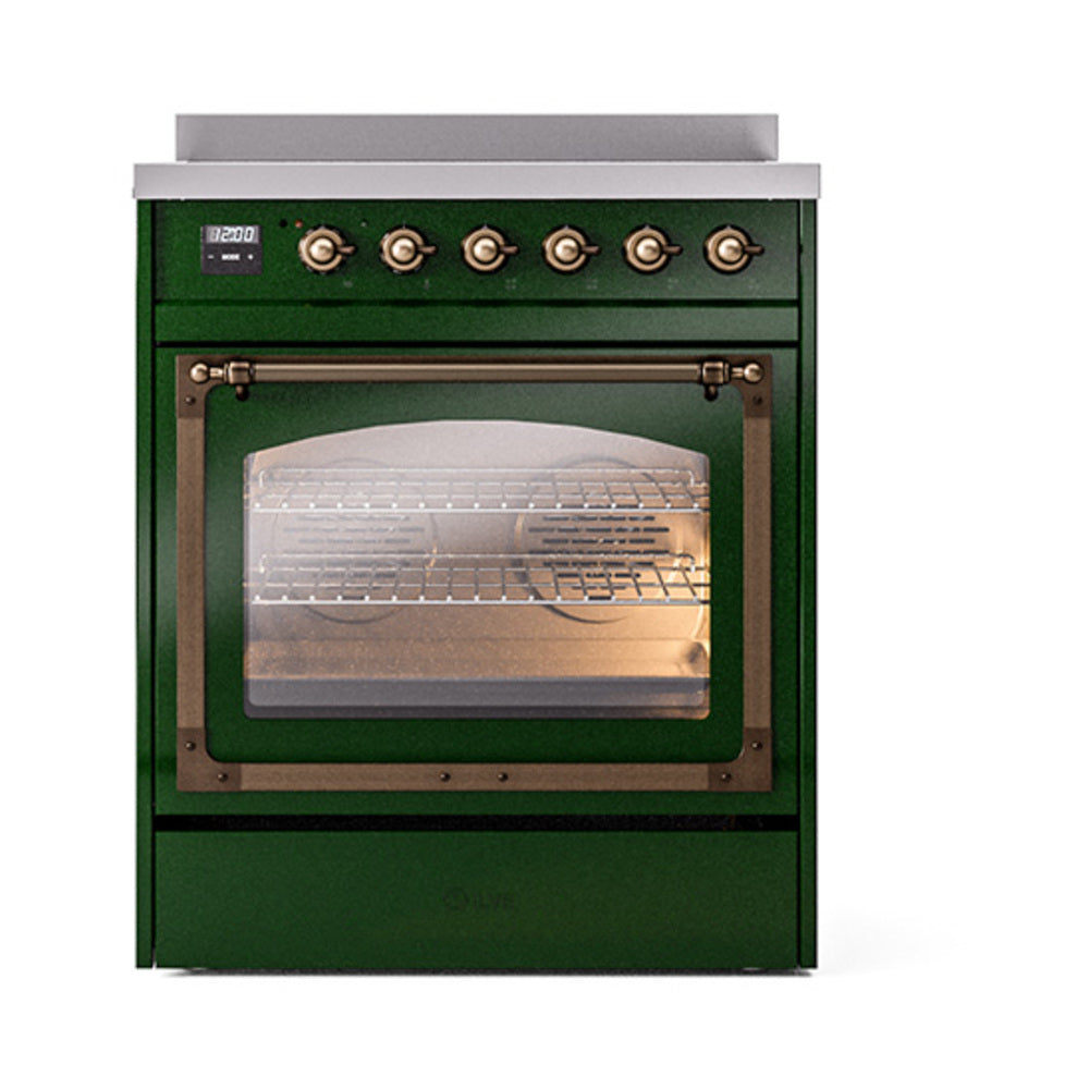 Front view of emerald green induction range with bronze knobs and open oven door