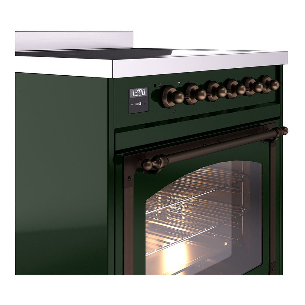 Close-up of emerald green oven controls with bronze knobs and door handle