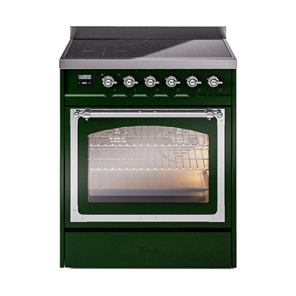 Emerald green induction range with closed oven door window and chrome trim