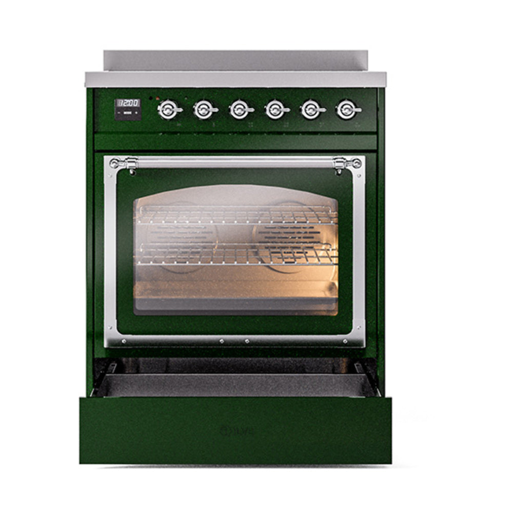 Emerald green induction range with open oven door, chrome handle, and lower drawer