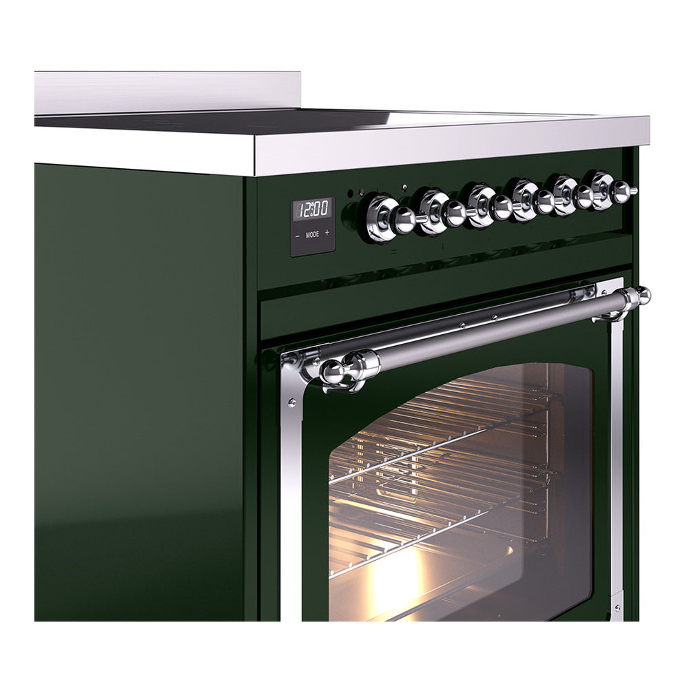 Emerald green induction range control panel with chrome knobs and open oven door
