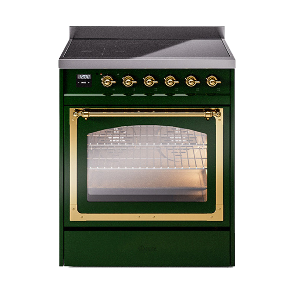 Emerald green induction range with brass-trimmed oven window and control knobs