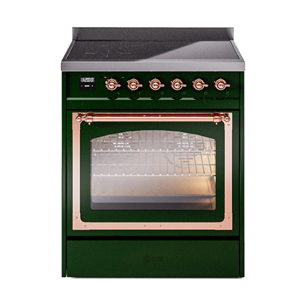 Emerald green induction range with copper-trim oven door and control panel