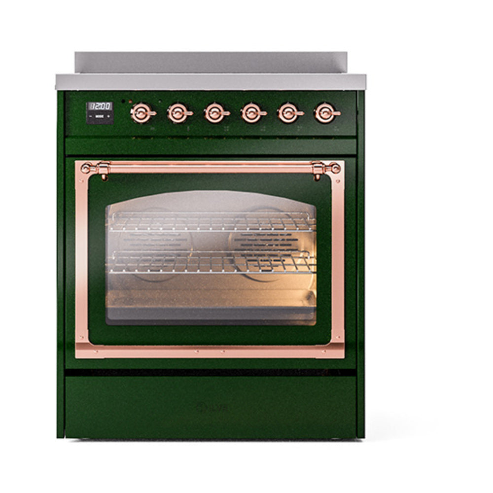 Front view of emerald green induction range with copper oven handle and glass door