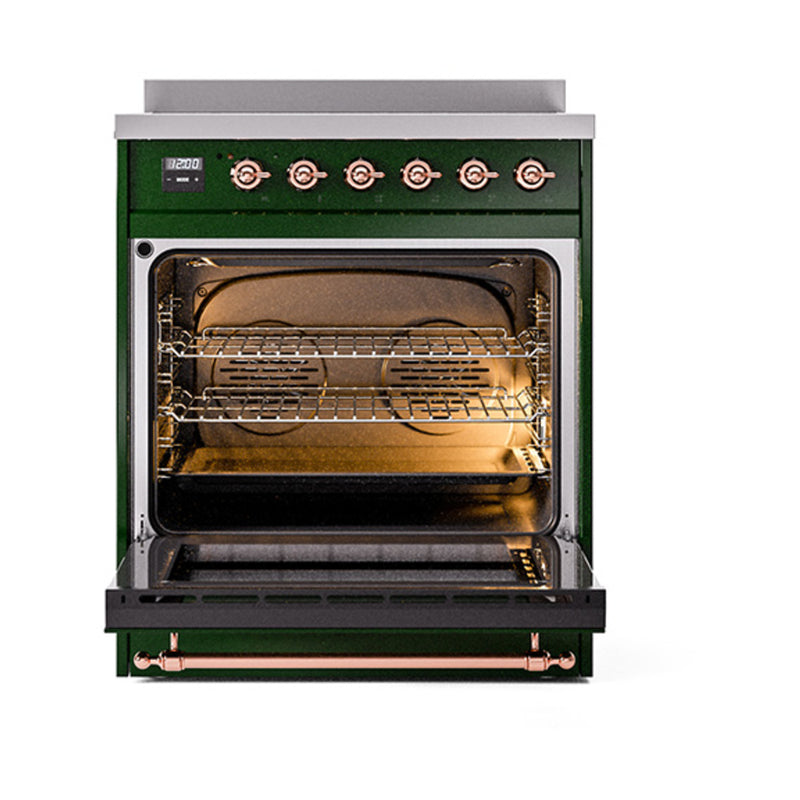 ILVE Nostalgie II Noblesse 30-Inch Induction Range with Triple Glass Door in Emerald Green with Copper Trim (UNI304NMPEGP)