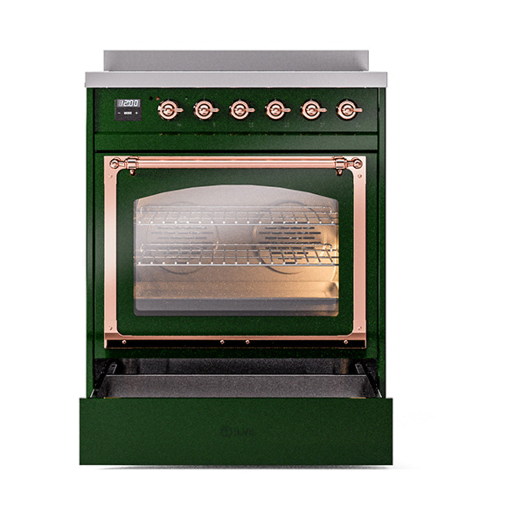 Emerald green induction range with open oven door and copper control panel