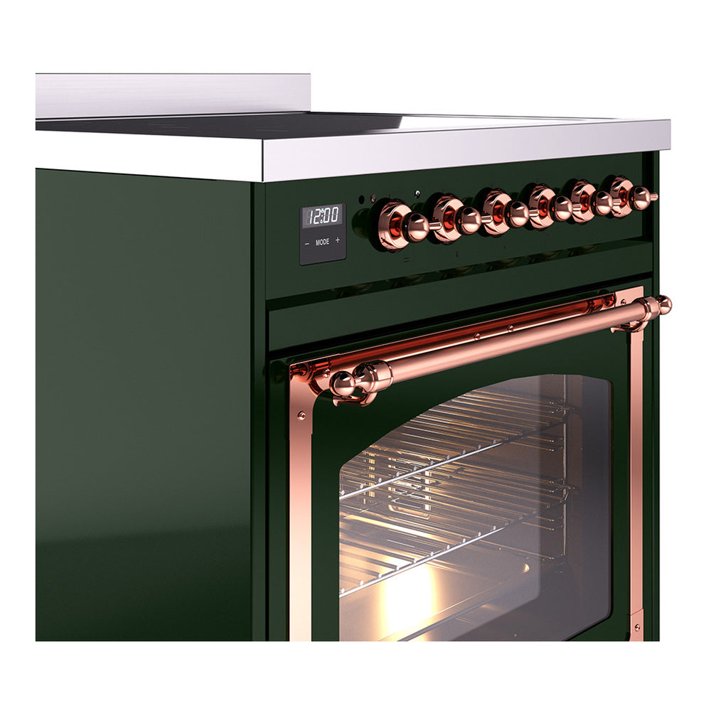 Emerald green induction range with copper control knobs and oven window