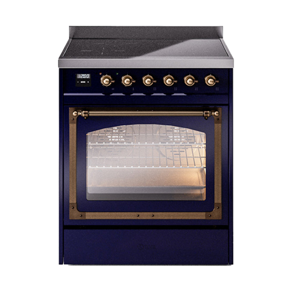 Midnight blue induction range with bronze knobs, oven light, and triple glass door window