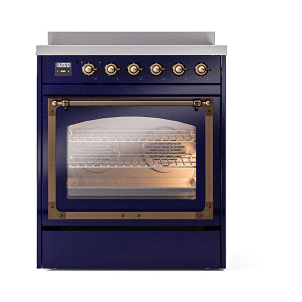 Midnight blue induction range with bronze knobs and closed triple glass oven door