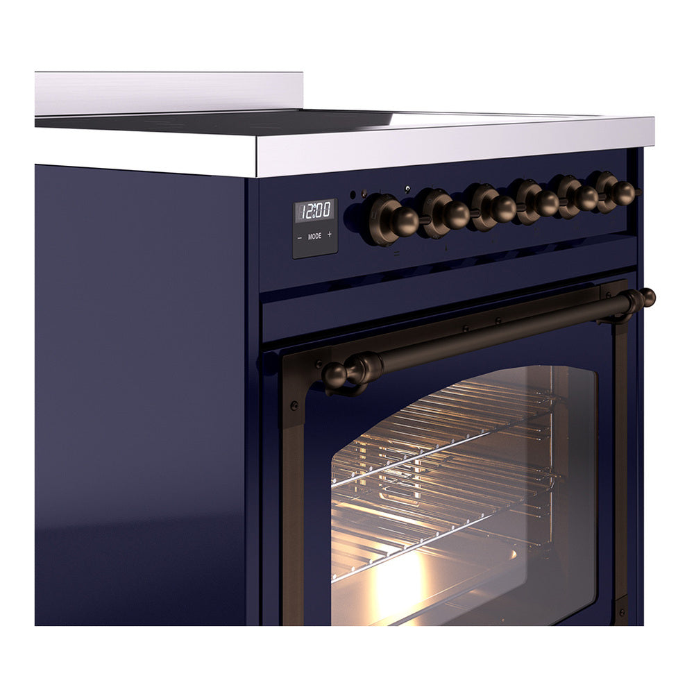 Midnight blue range side view with bronze control knobs and open oven door