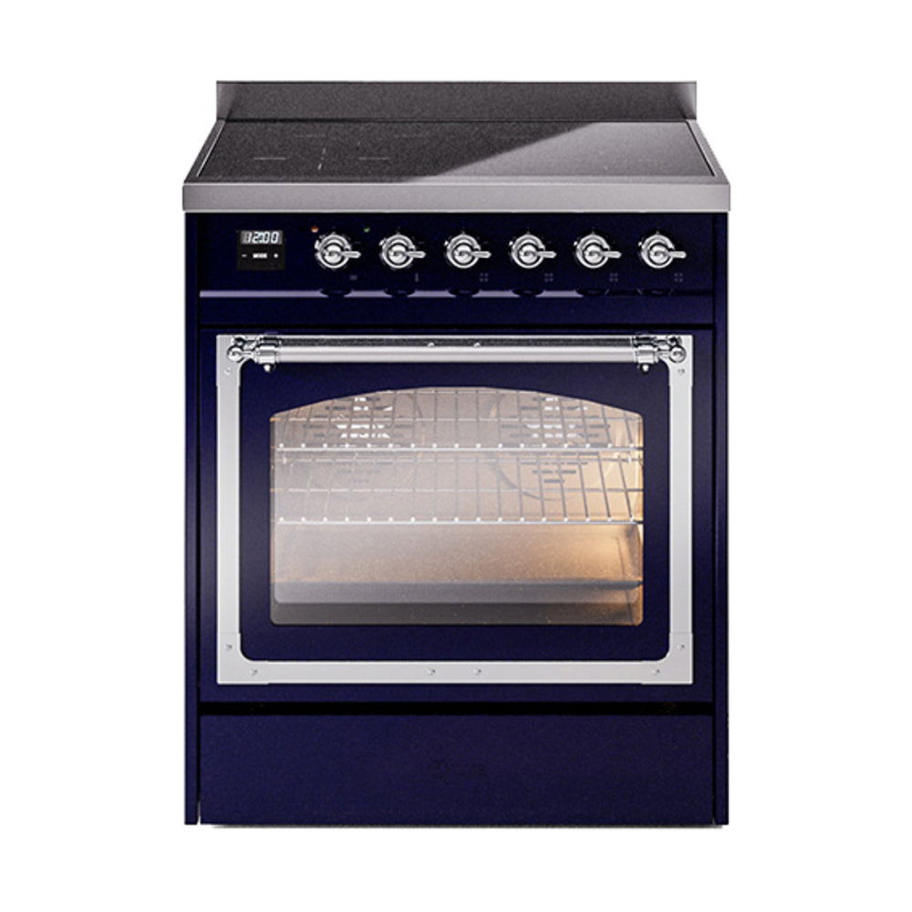 Midnight blue induction range with triple glass oven door and chrome control knobs