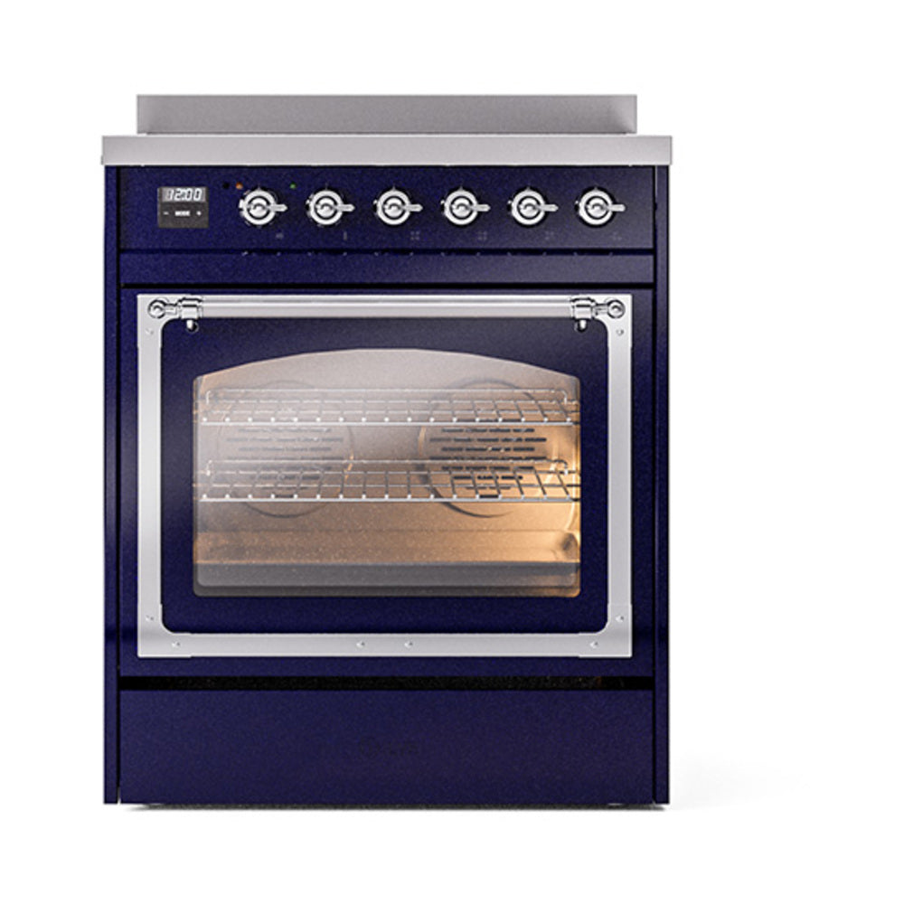 Midnight blue oven with triple glass window and chrome-trimmed control panel