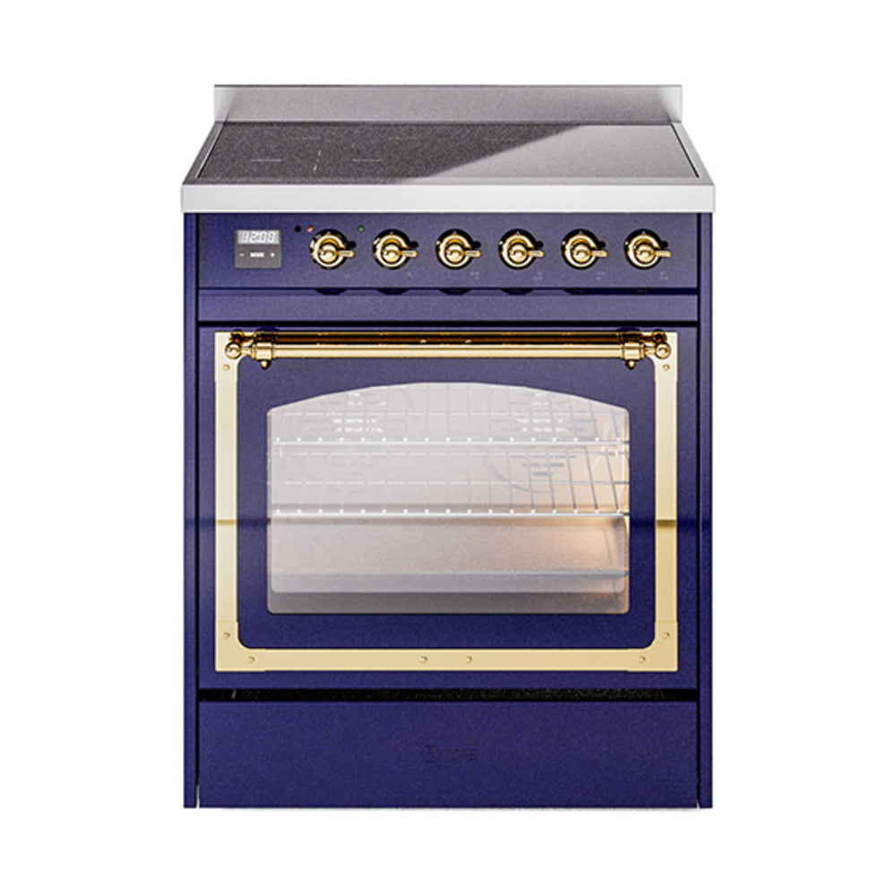 Midnight blue induction range with brass-trimmed glass door and knob control panel.