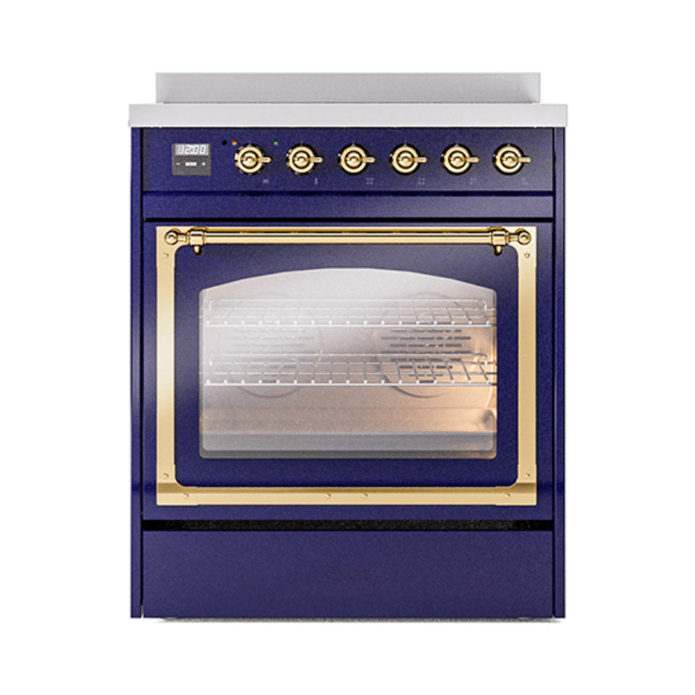 Midnight blue induction range with brass-trimmed door and control knobs, front view.