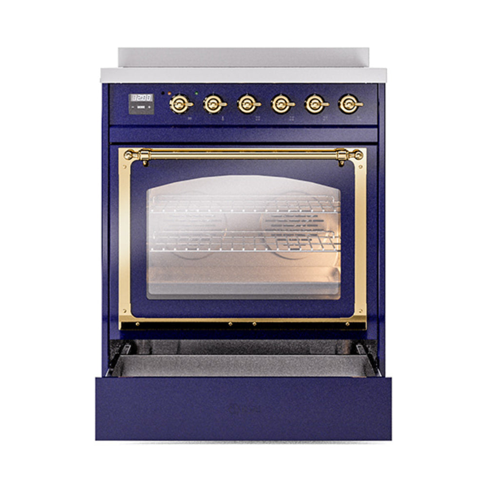 Midnight blue induction range with brass-trimmed glass oven door and open lower drawer.