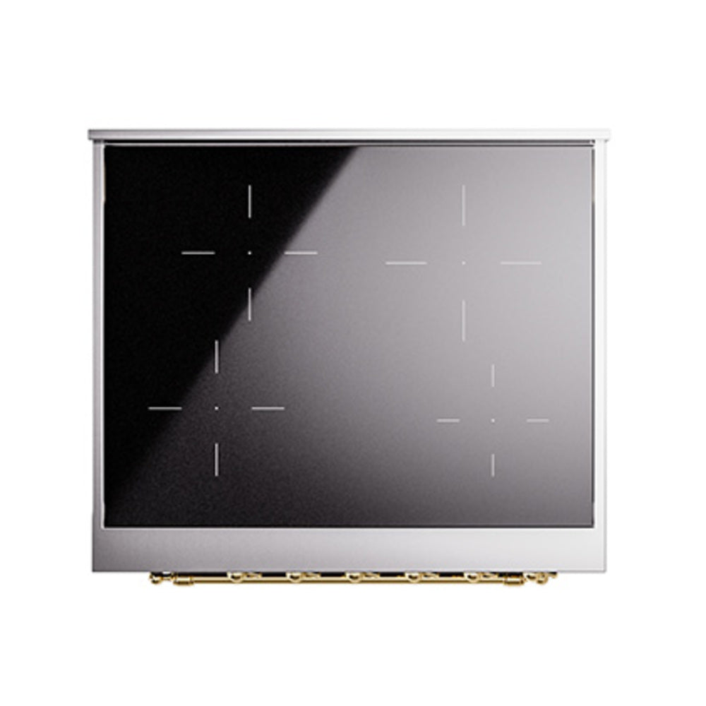 Induction cooktop with black glass surface and silver frame, brass trim at base.