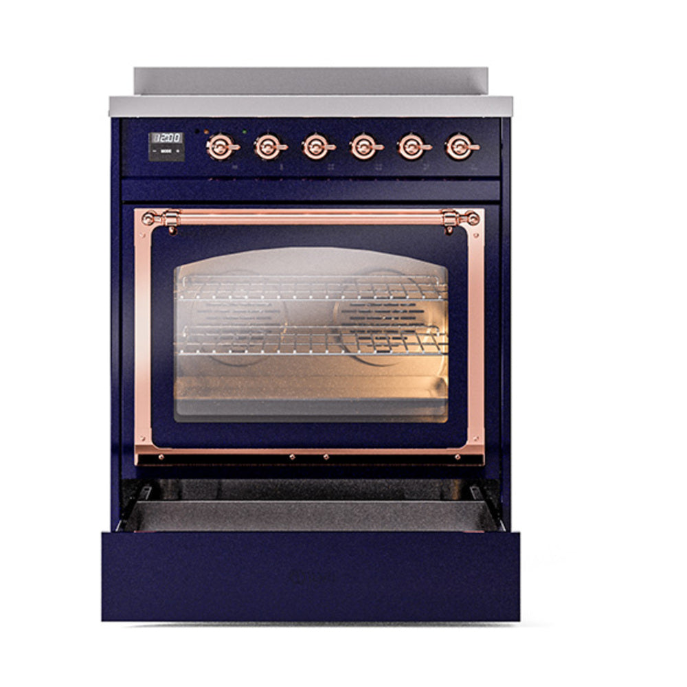 Midnight blue induction range with copper-trimmed oven door and control knobs