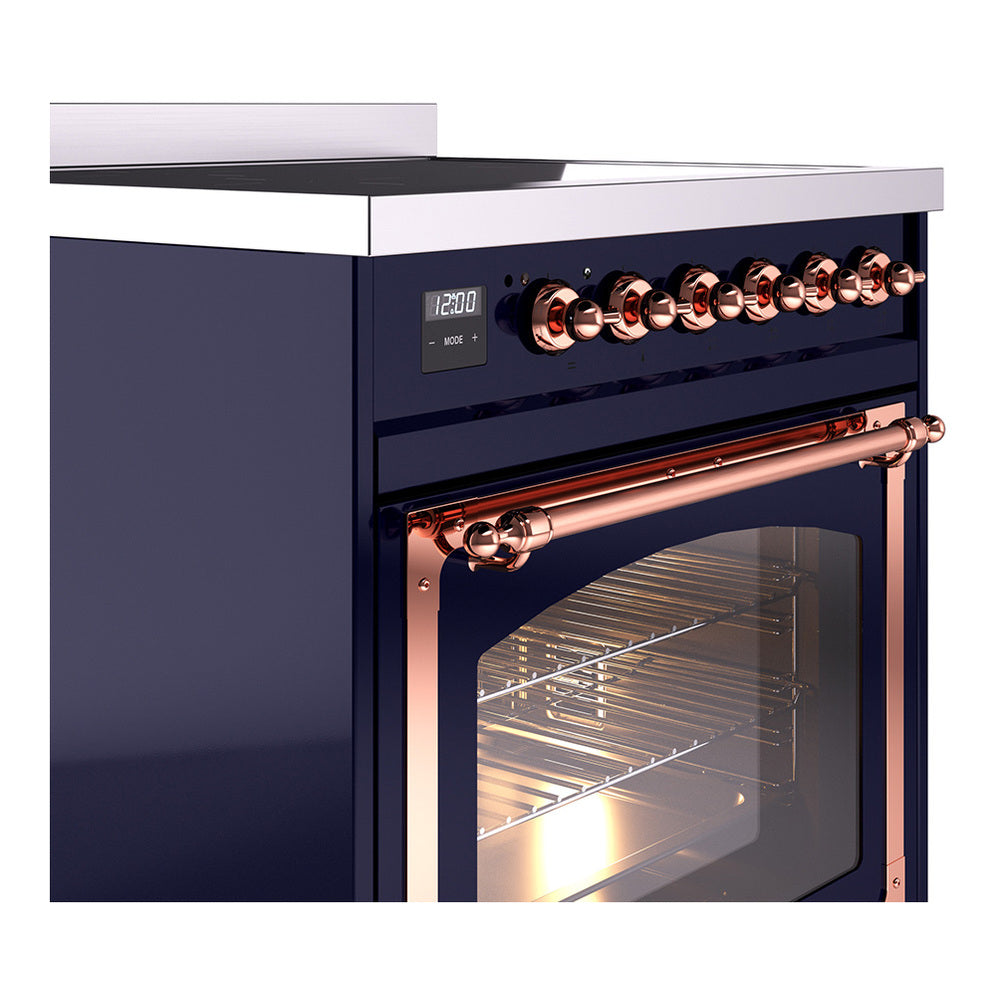 Midnight blue induction range side view with copper handle and glass oven door